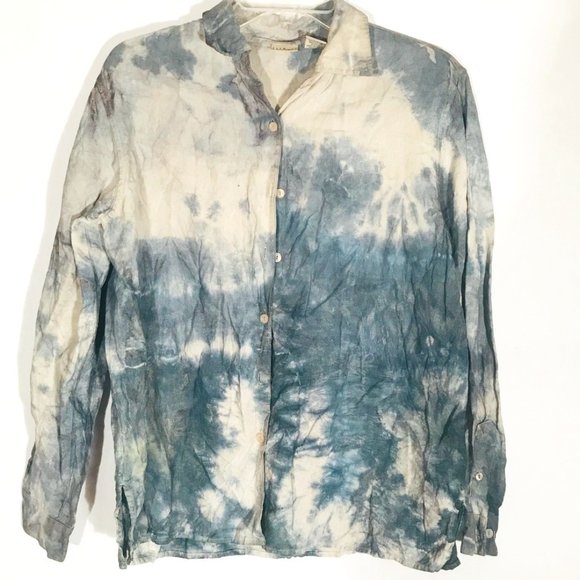 L.L. Bean Tops - LL BEAN Custom Linen Tie Dye Blue Shirt Medium